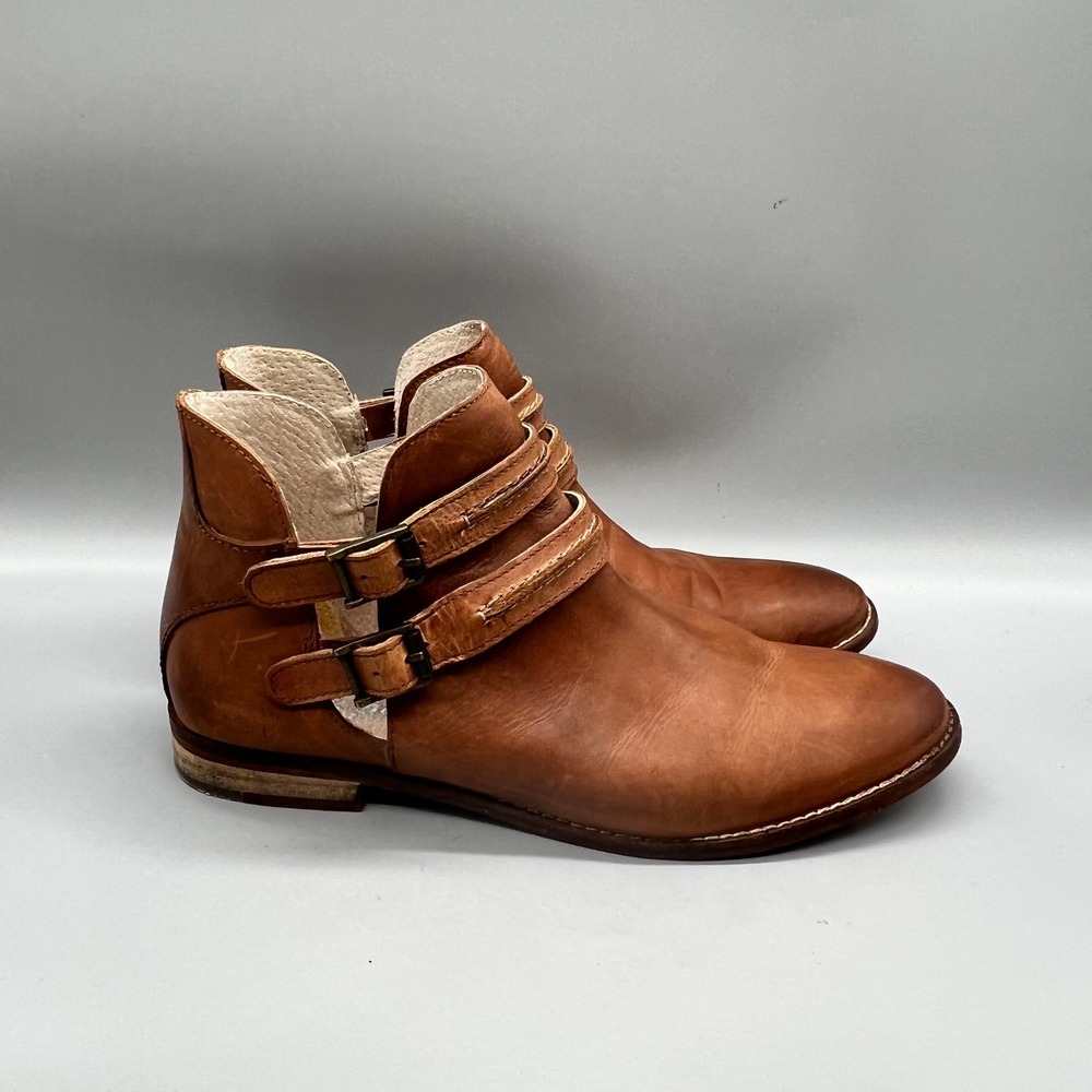 Free People Boots Women 8.5 Brown Leather Ankle Strap Boho Cutout Bootie Shoes